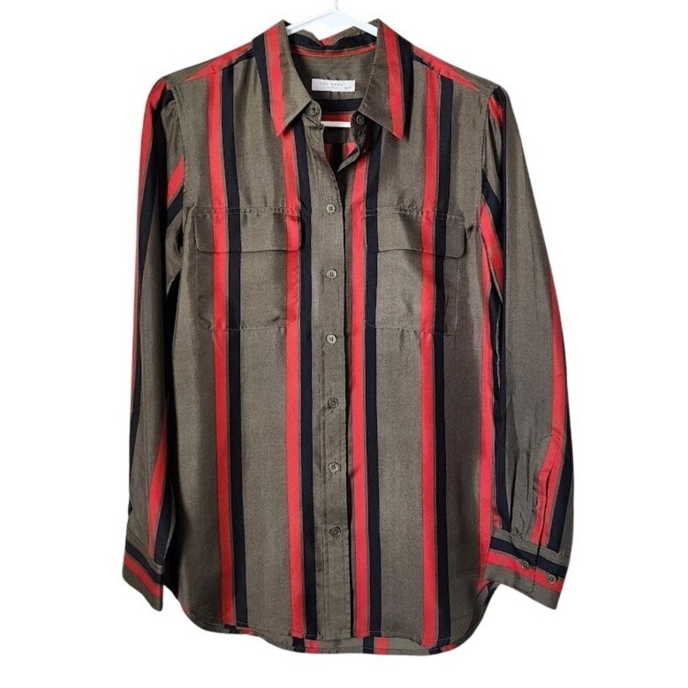EQUIPMENT Silk Striped Button Up Shirt in Herbal Green Minimalist XS